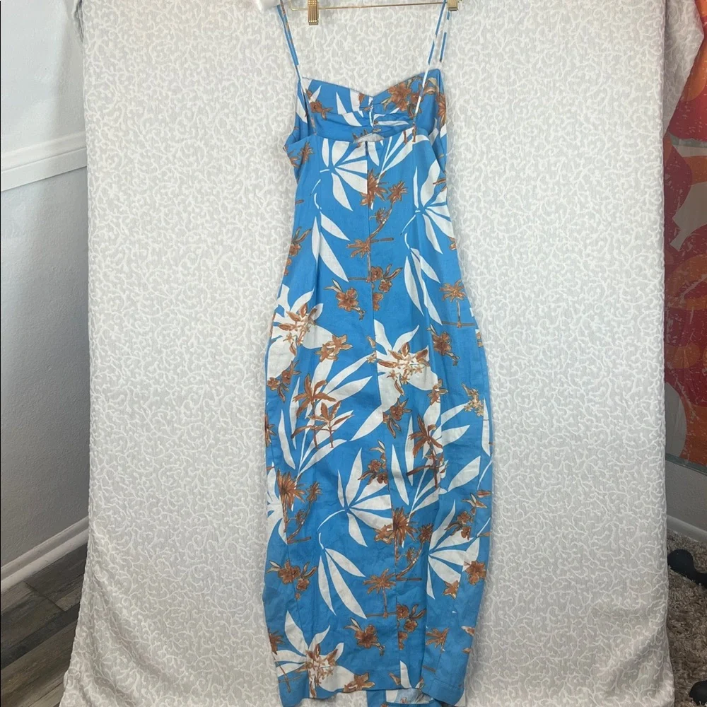 ZARA BLUE LINEN BLEND FLORAL PRINTED MIDI DRESS WITH CUT-OUT DETAIL Sz. XS NEW